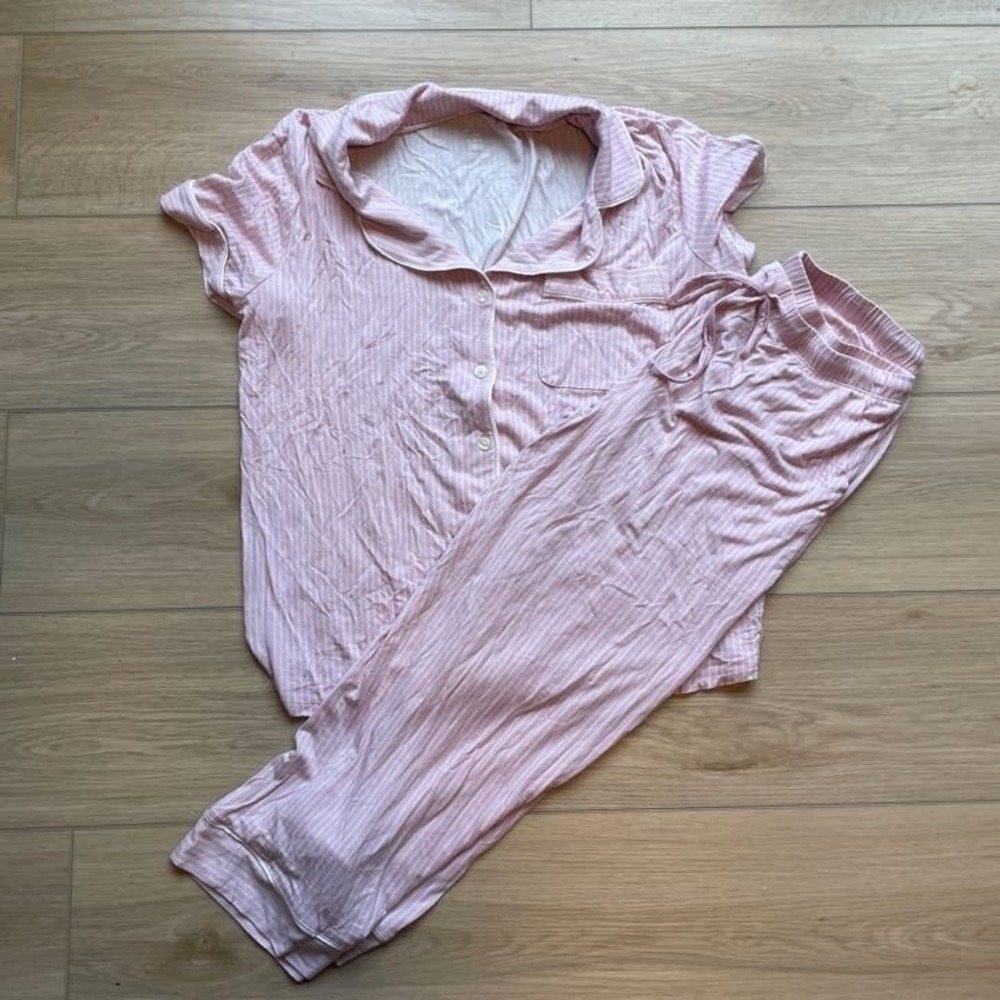 Pink White Striped Pajama Set Short Sleeve Button Down Top Pants Loungewear